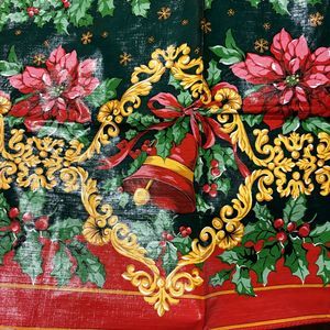 Trim A Home Christmas Vinyl Tablecloth 52" X 102" Flannel Back Holly Poinsettia